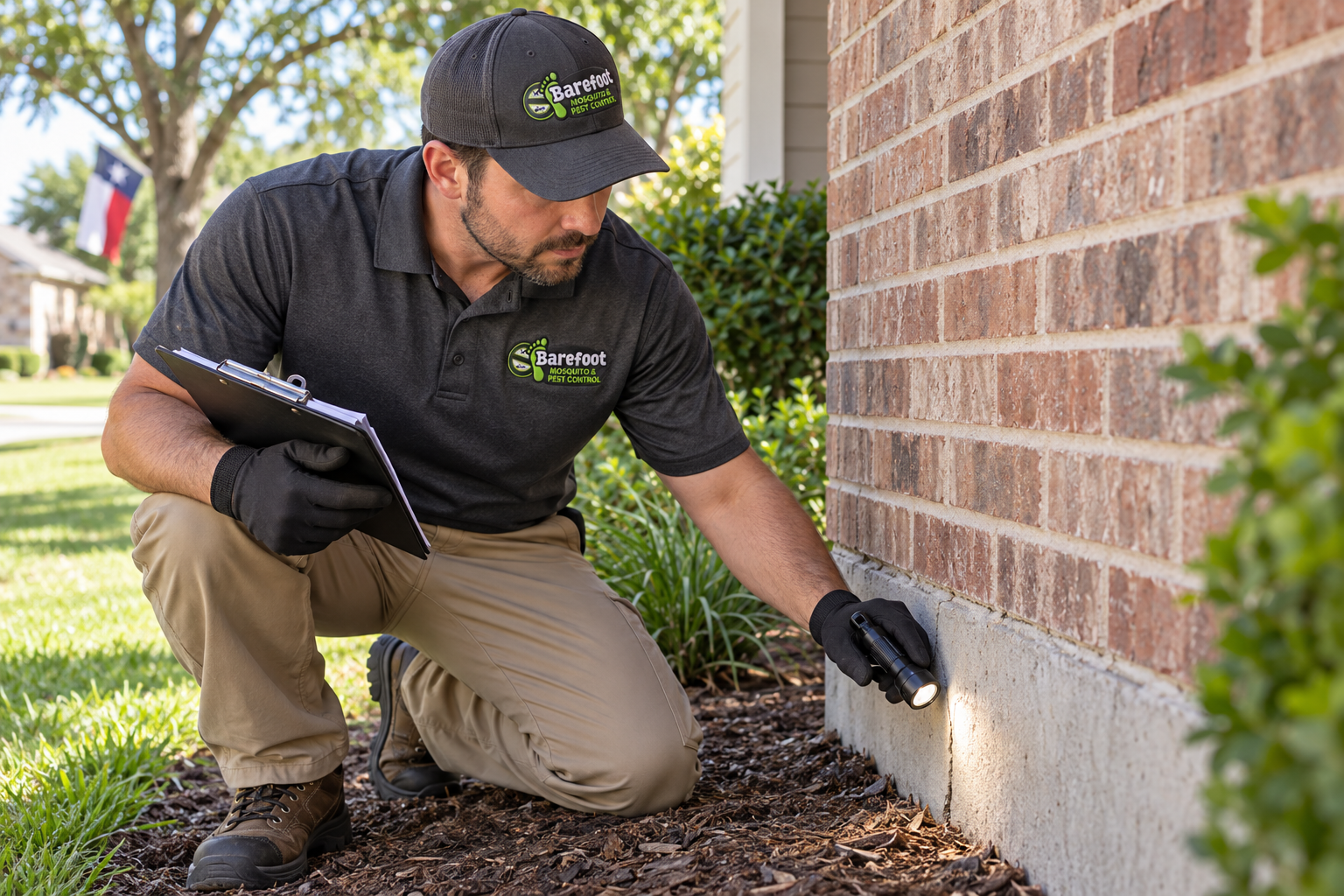 Illustrative Barefoot-branded technician inspecting a home's foundation