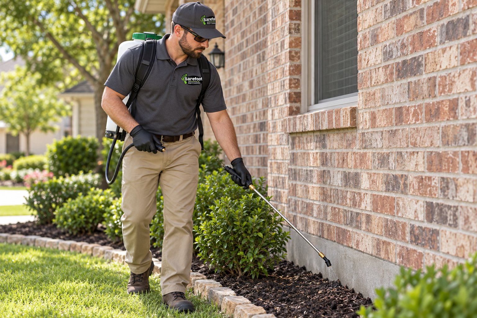 Illustrative Barefoot-branded technician treating a home's exterior